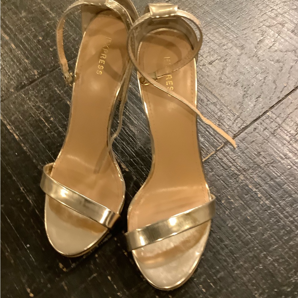 Express Shiny Gold Strappy Heels